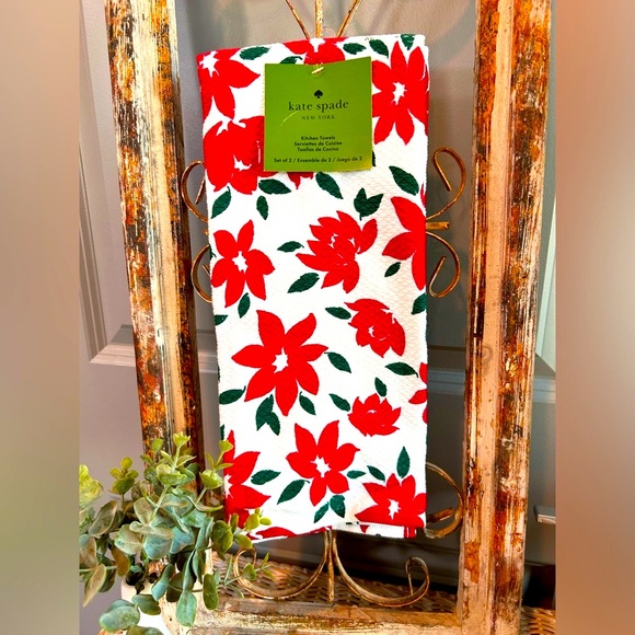 kate spade Other - Kate Spade New York red green poinsettia patterned cotton kitchen towel set of 2